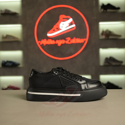 Prada Triangle Black Leather with White Lane Sneakers